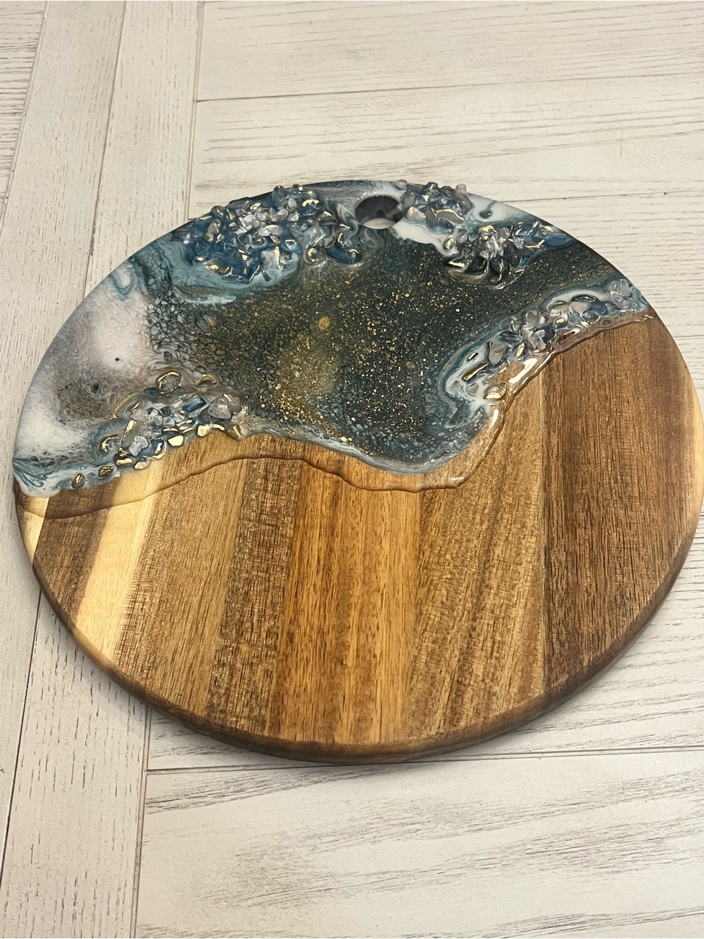 Handcrafted Round Blue Gold Resin & Wood Geode Style Serving Board - 11” NEW!!!
